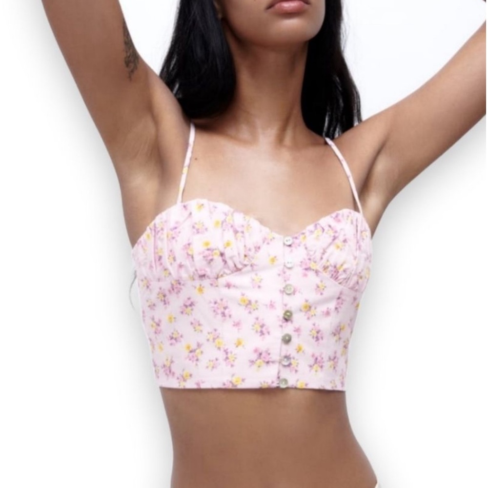 (#47)ZARA Printed Linen Blend  Crop Top